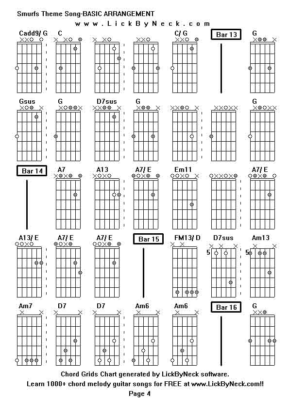 Chord Grids Chart of chord melody fingerstyle guitar song-Smurfs Theme Song-BASIC ARRANGEMENT,generated by LickByNeck software.